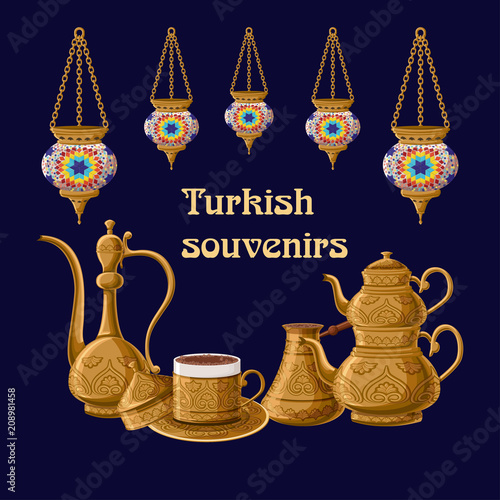 Turkish souvenirs greeeting card template with lanterns and brass utensils pitcher, double kettle, cezve amd coffe cup.