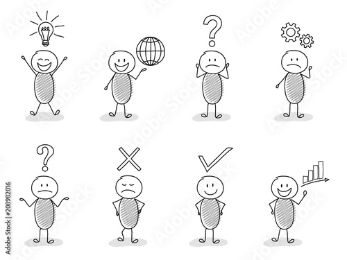 Collection of stickmen with different facial expressions and business icons. Vector.