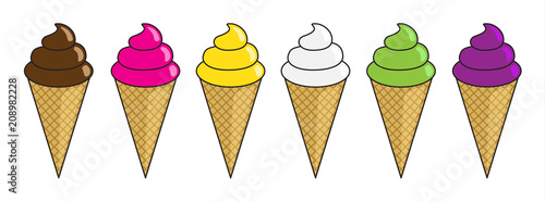 Set di gelati in cono di vari gusti e colori 
