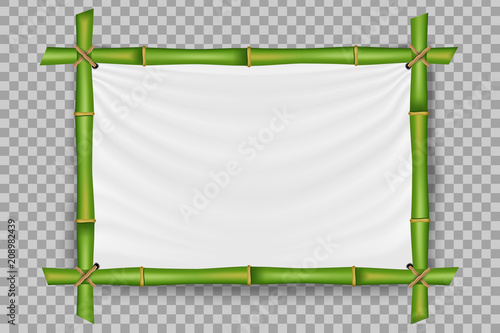 Creative vector illustration of bamboo stems frame isolated on background. Art design blank mockup template. Rope, paper, silk canvas. Abstract concept tropical signboard. Empty place for your text