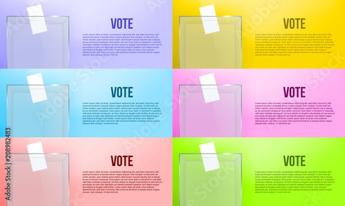 Creative vector illustration of realistic empty transparent ballot box with voting paper in hole isolated on background. Art design glass case is on museum pedestal, stage, 3d podium. Concept graphic