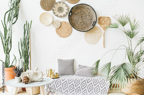 Modern minimal home interior design. Pillows, golden teapot, decorative straw plates, Scandinavian blanket, tropical palm tree, succulent and decorations. photo