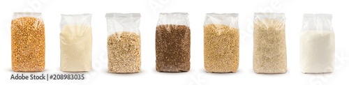Photography Set of Plastic transparent bags with full of groats isolated on white background