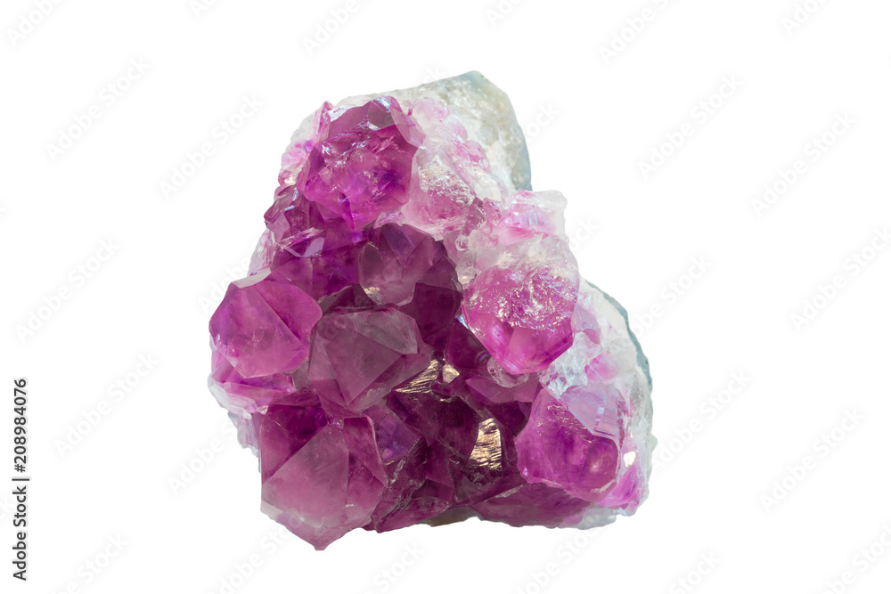 Large pink amethyst druse isolated on a white background, top view.