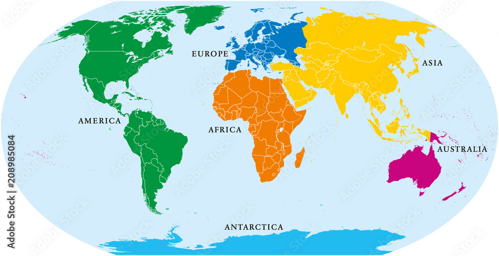 Six continents world, political map. America, Africa, Antarctica, Asia, Australia and Europe, with shorelines and borders. Robinson projection. English labeling. Isolated on white background. Vector.