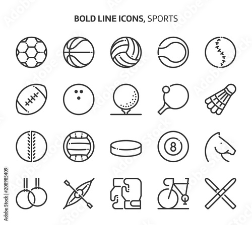Sports, bold line icons. The illustrations are a vector, editable stroke, 48x48 pixel perfect files. Crafted with precision and eye for quality.