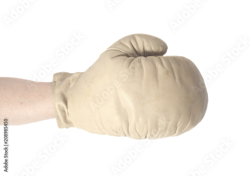 White boxing glove wearing in male hand