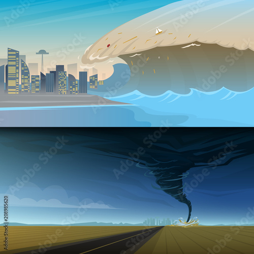 Tsunami and Twisting tornado or storm from. Big waves and ocean surface. Landscape Flood and Disaster. Summer vacation and catastrophe. Natural cataclysm crisis. High water and big waves Background.