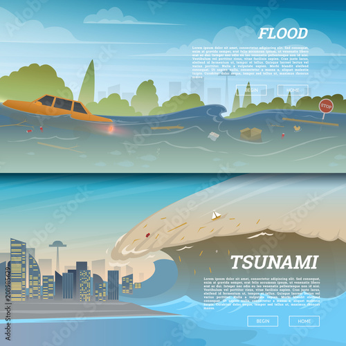 Tsunami on tropical beach. Big waves and ocean surface. Landscape Flood and Disaster. City on seashore. Summer vacation and catastrophe. Natural cataclysm crisis. High water and big waves Background.