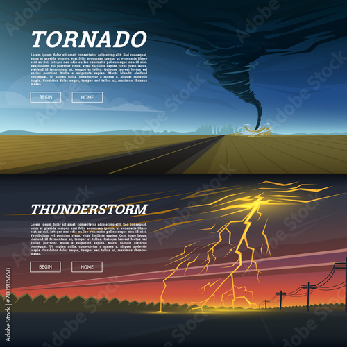 Set of natural disaster or cataclysms. Catastrophe and crisis Background. Realistic Tornado or storm, Lightning Strike, Rain Thunderstorm, Volcano eruption, Flood and Earthquake, Tsunami and Big wave.