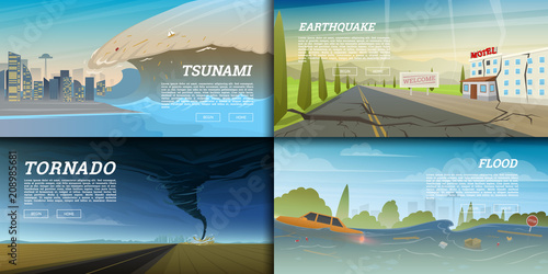 Set of natural disaster or cataclysms. Catastrophe and crisis Background. Realistic Tornado or storm, Lightning Strike, Rain Thunderstorm, Volcano eruption, Flood and Earthquake, Tsunami and Big wave.