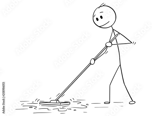 Cartoon stick drawing conceptual illustration of man cleaning floor with mop.
