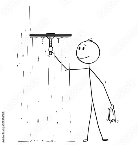 Cartoon stick drawing conceptual illustration of man cleaning window with squeegee or cleaner.