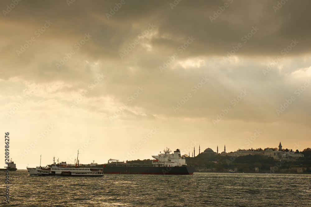 Landscape panoramic view from the sea to the historical part of Istanbul, Turkey.