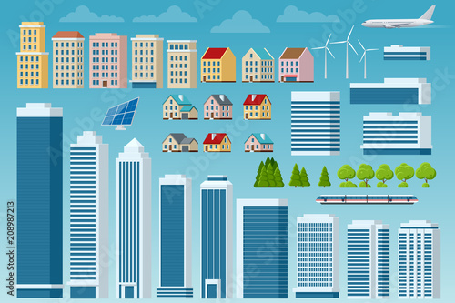 Vector big set of city and suburban constructor. City street, large modern buildings, cityscape, cars, trees, plane, urban infrastructure isolated. Elements to make your own city