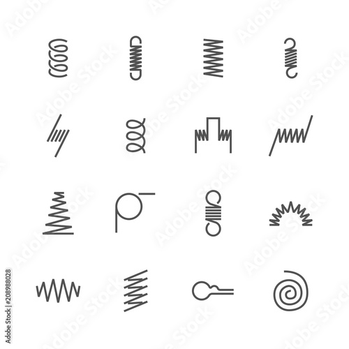Metal spring flat line icons. Variety of flexible coil, elastic steel wire types. Thin signs flexibility property. Pixel perfect 48x48, Editable Strokes.