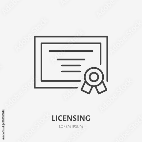 Licensing flat line icon. Certificate sign, patent illustration. Thin linear logo for legal services, lawyer.