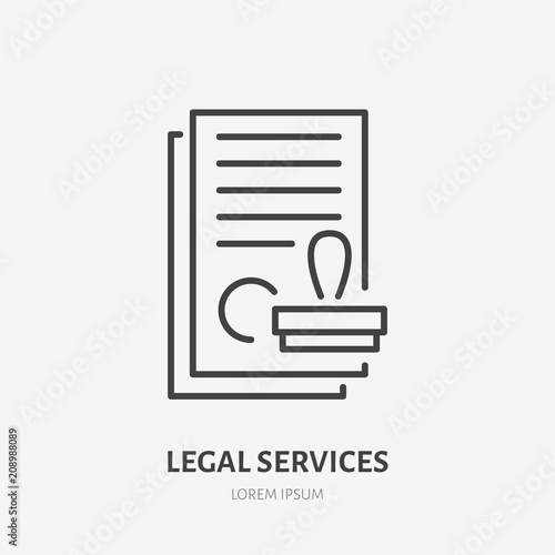 Agreement flat line icon. Paper documents with stamp sign. Thin linear logo for legal financial services, accountancy.