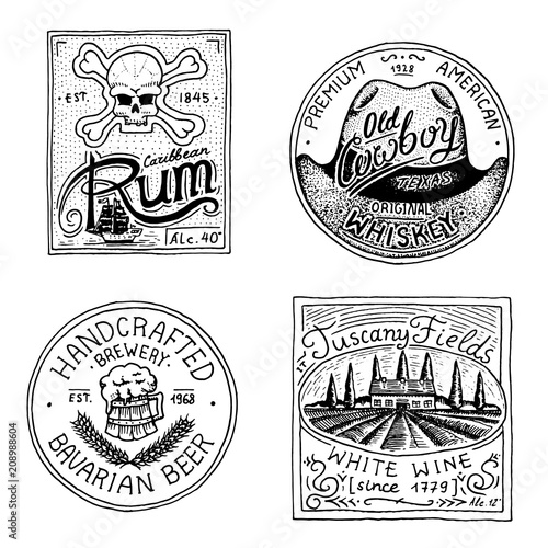 Vintage American rum wine whiskey beer badge. Alcohol Label with calligraphic elements. Classic frame for poster banner. Strong drink. Hand drawn engraved sketch lettering for t-shirt.