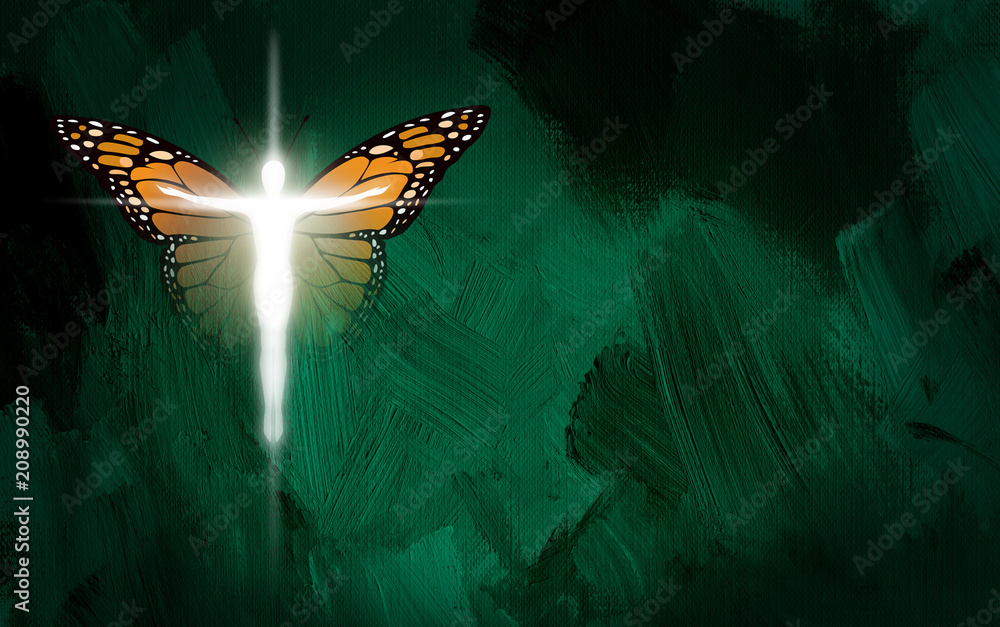 Graphic Christian Cross with man body and Butterfly wings. Conceptual
