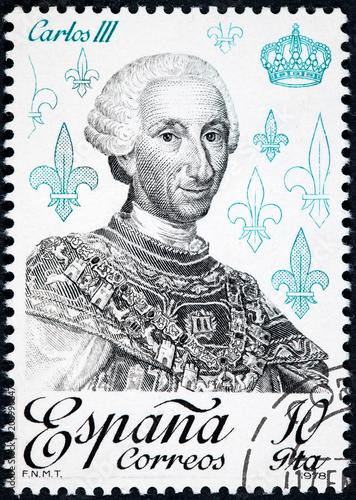 stamp printed by Spain shows image portrait of King Carlos III photo