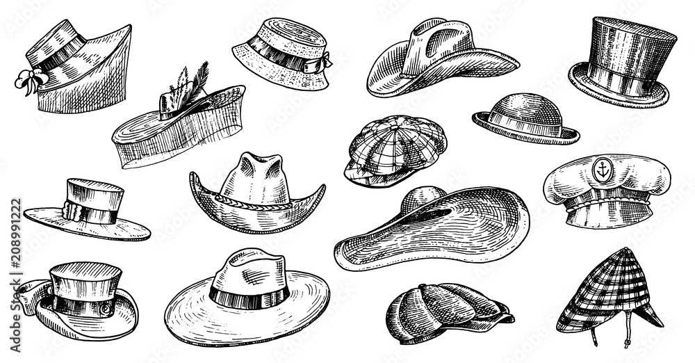 Summer Hats vintage collection for elegant men,woman, female and ladies. Fedora Derby Deerstalker Homburg Bowler Straw Beret Captain Cowboy Porkpie Boater. Retro fashion set. English style. Hand drawn - obrazy, fototapety, plakaty 
