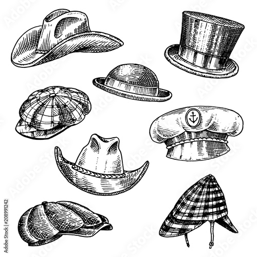 Summer Hats vintage collection for elegant men. Fedora Derby Deerstalker Homburg Bowler Straw Beret Captain Cowboy Porkpie Boater Peaked cap. Retro fashion set. English style. Hand drawn sketch.