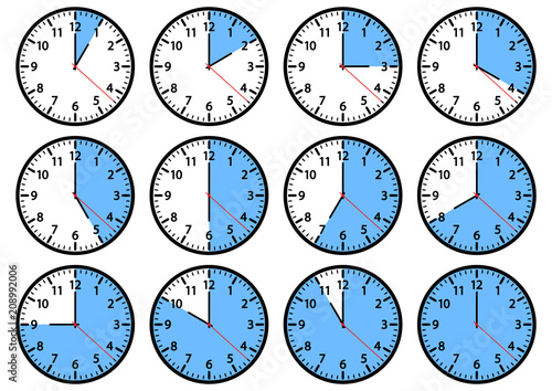 Set of clock icons showing different time. Blue and black colors. Vector illustration