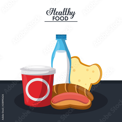 Delicious bread with sausages and milk vector illustration graphic design