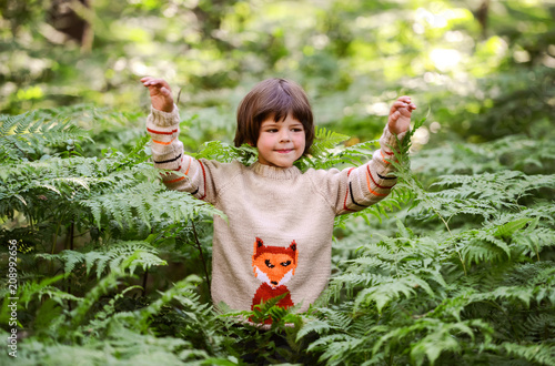 A boy in a sweater with a Fox in the Bush of a fern in the forest in the summer