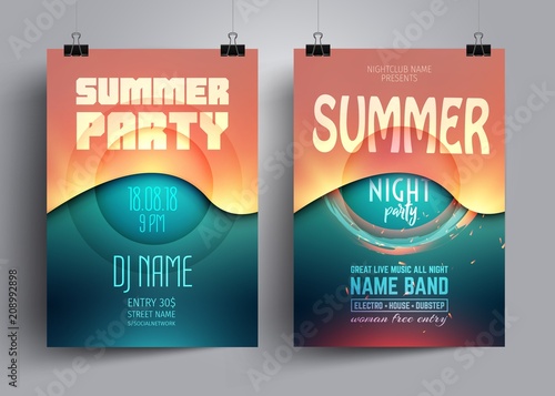 Summer party flyer or poster layout template with background from colorful waves. Musical electro concert in the style of house,dubstep,techno,minimal,trance,Drum and Bass,Indie rock.