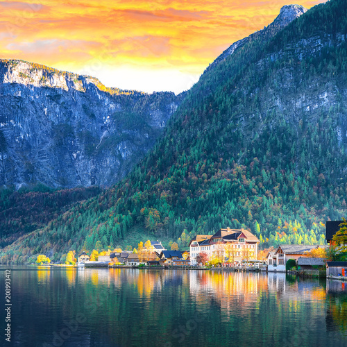 Scenic view of famous Hallstatt mountain village with Hallstatter lake.