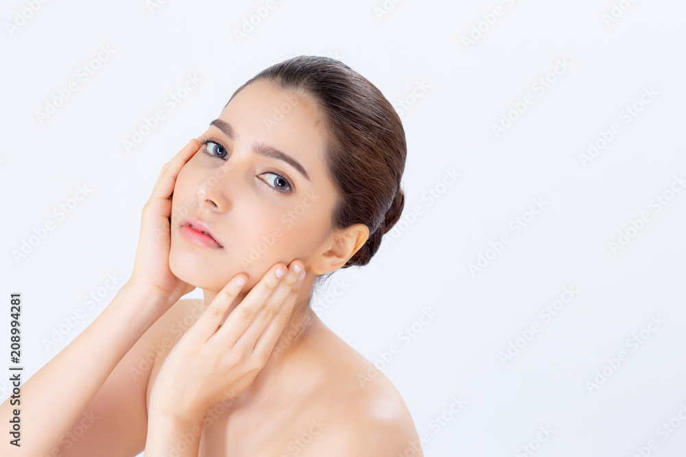 Portrait of beautiful woman makeup of cosmetic, girl hand touch cheek and smile attractive, face of beauty perfect with wellness isolated on white background with skin healthcare concept. Portrait of beautiful woman makeup of cosmetic, girl hand touch cheek and smile attractive, face of beauty perfect with wellness isolated on white background with skin healthcare concept.