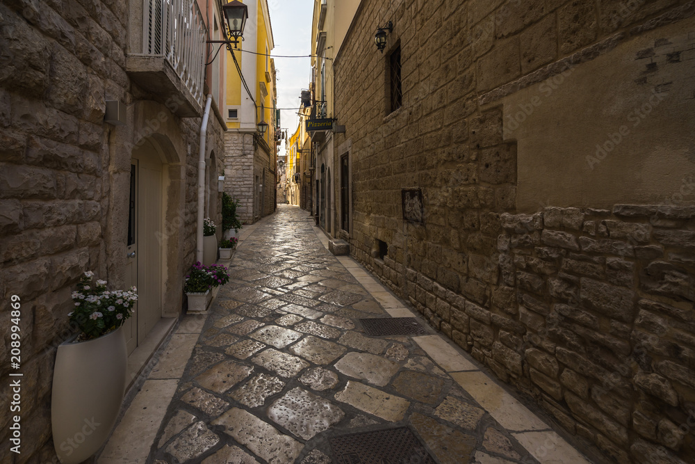 A narrow typical street in the old town of Trani, Apulia, Italy