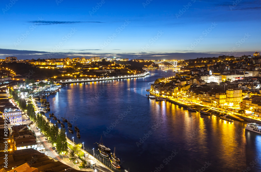 Evening view of Porto city and Douro river, Portugal