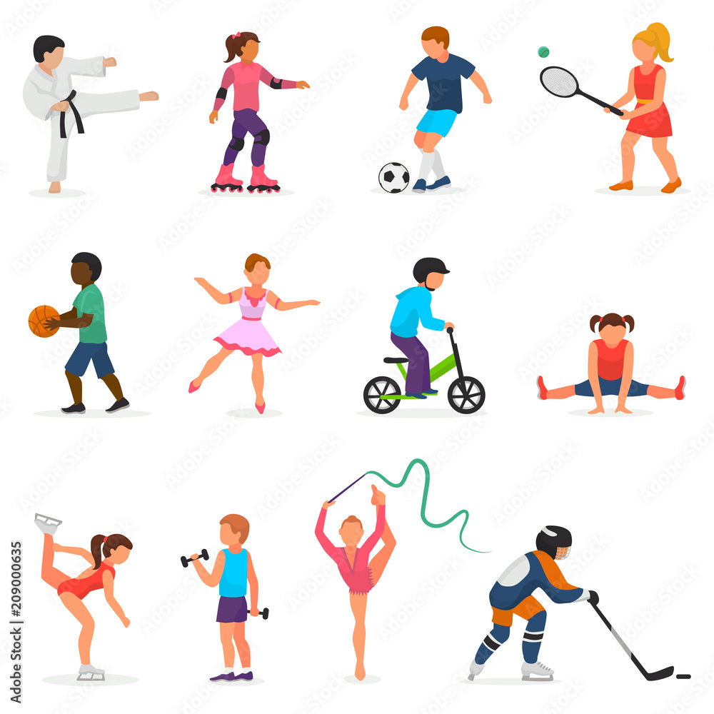 Child in sport vector boy or girl character playing hockey or soccer and children dancing or skating illustration set of kids sportive activity isolated on white background Child in sport vector boy or girl character playing hockey or soccer and children dancing or skating illustration set of kids sportive activity isolated on white background