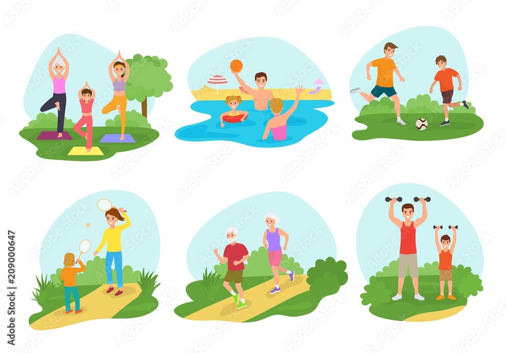 Family workout exercise vector active people mom or dad character and kids exercising together in park illustration set of man or woman with children training fitness isolated on white background