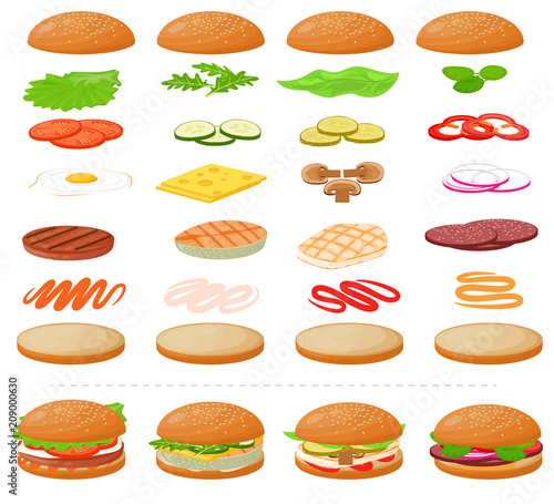 Burger vector fast food hamburger or cheeseburger constructor with ingredients meat bun tomato and cheese illustration fastdood sandwich or beefburger construction set isolated on white background