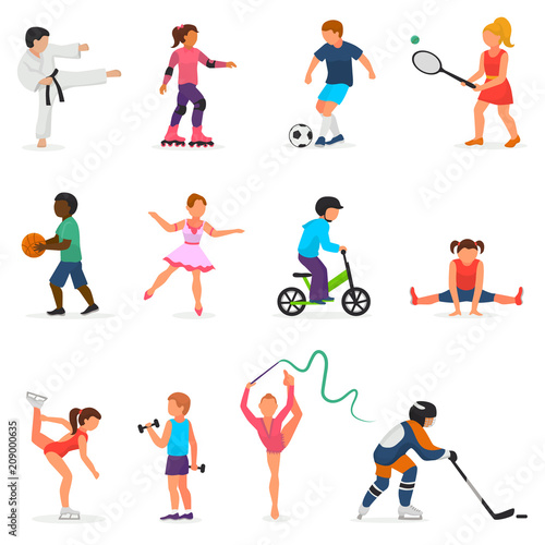 Child in sport vector boy or girl character playing hockey or soccer and children dancing or skating illustration set of kids sportive activity isolated on white background