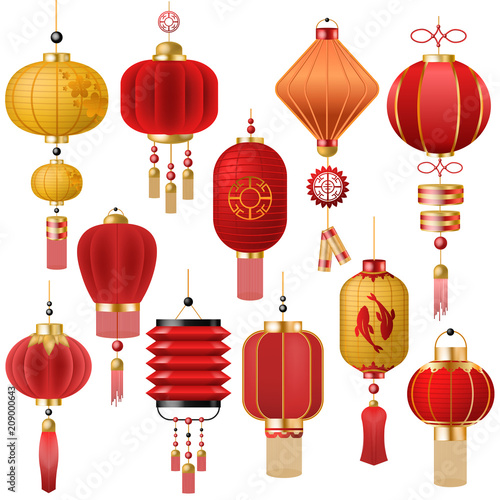 Chinese lantern vector traditional red lantern-light and oriental decoration of china culture for asian celebration illustration set of festival decor light isolated on white background
