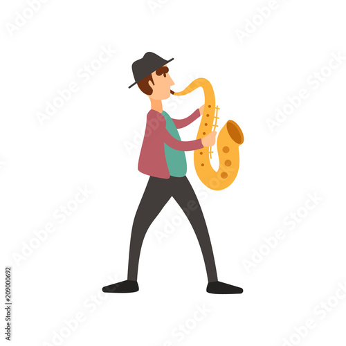 Jazzman in hat with saxophone, color vector illustration