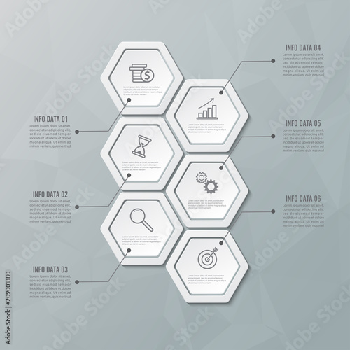 Vector illustration hexagon infographics 6 options. Template for brochure, business, web design.