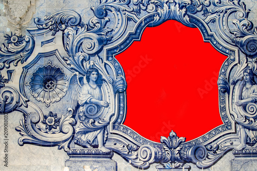 Replace the red area with your own graphics. Elaborate ornate azulejos background to use in your project as frame.
