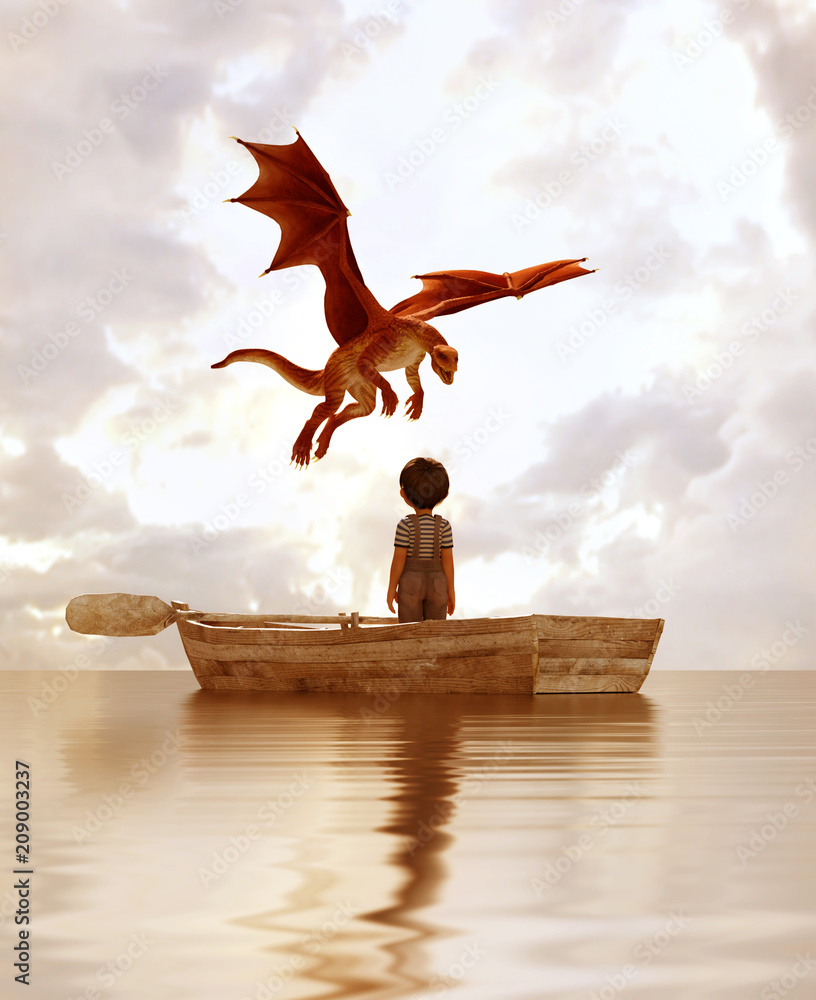 Obraz premium chłopiec stojący na starej drewnianej łódce na morzu patrząc na smoka latającego nad niebem, 3d ilustracji