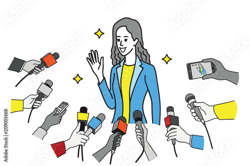 Pretty young celebrity wave hand to press