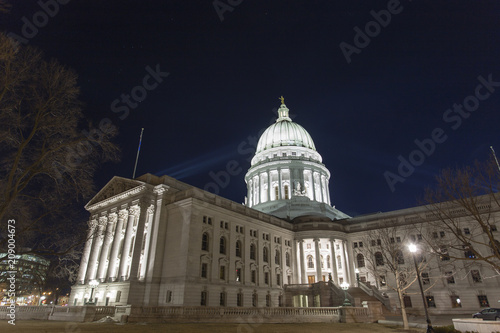 Dramatic view of the Wisconsin State Capitol building lit up at night