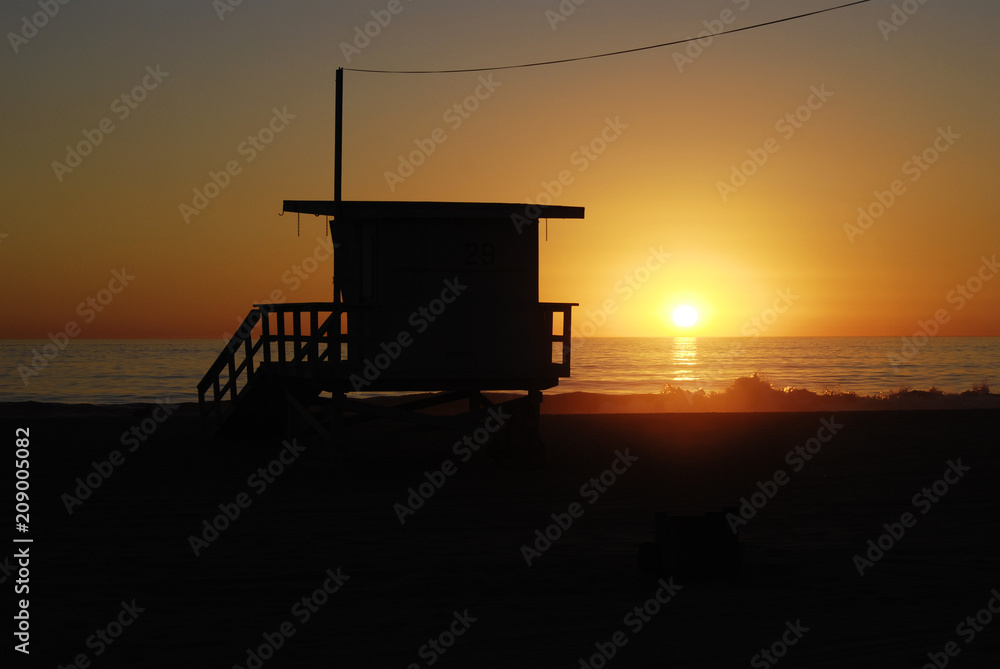Lifeguard tower station at sunset in Santa Monica