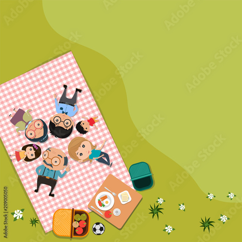 Happy family picnic in outdoor modern flat style in green meadow Top view. vector illustration.