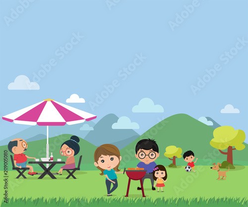 Happy family picnic in outdoor modern flat style vector illustration.