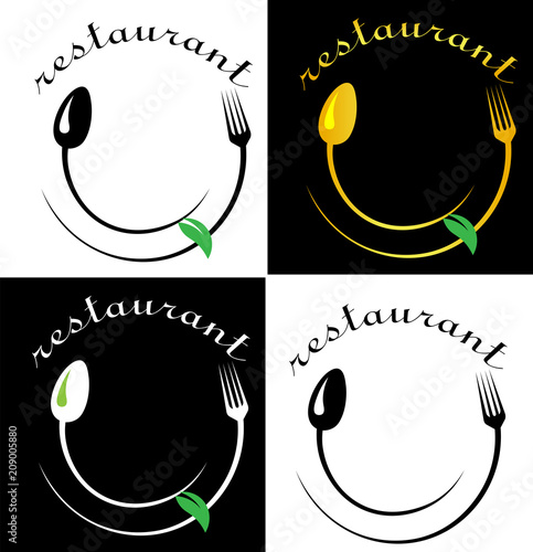 face from a spoon and fork with a salad leaf restaurant minimalist logo